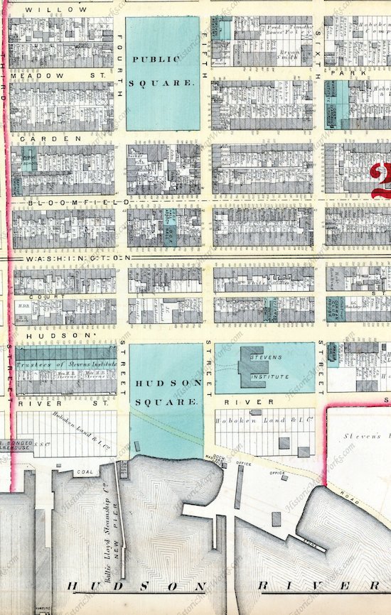 Excerpt for 1873 Hopkins plat map for City of Hoboken showing Hudson Square extending from Hudson Street all the way to the Hudson River.